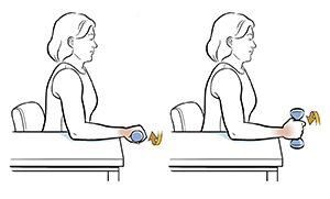 Woman sitting in chair with arm on table doing supination exercise with hand weight. 