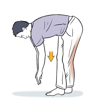 Side view of man bending over with arms outstretched and legs crossed to stretch back of legs.