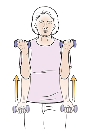 Mujer hace un ejercicio de flexiones de bíceps usando mancuernas.