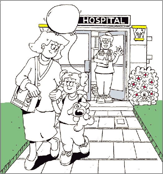 Niña y mujer que se van del hospital.